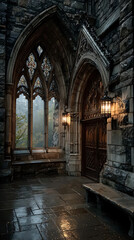 Obraz premium Gothic archway with stained glass and lit lamps at dusk