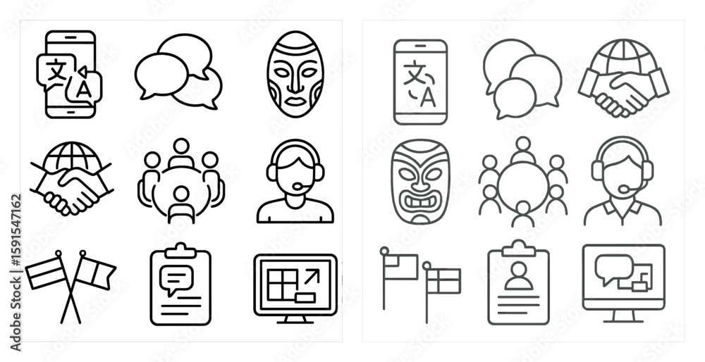 Fototapete The image is a set of icons that represent different types of communication. The icons include a phone, a computer, a microphone, and a person with a headset