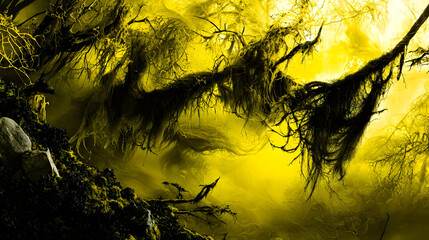 Gloomy, yellow-toned forest with tangled, mossy branches