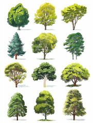 Detailed Illustration of Various Green Trees in Artistic Style