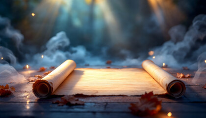 Antique Scroll Unfurled on Wooden Planks with Foggy Forest Backdrop