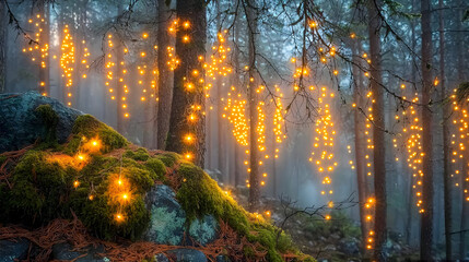 Misty forest illuminated by warm glowing lights draped amongst trees.  Moss-covered rocks form a foreground