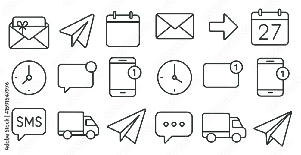 Poster collection of icons for various communication and scheduling apps. the icons include a clock, a cale