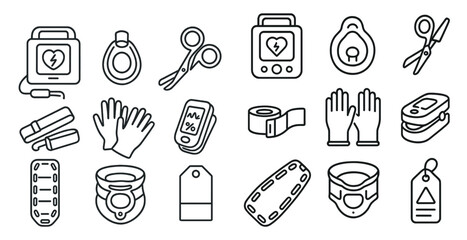 Collection of medical supplies and equipment. The supplies include a stethoscope, scissors, and gloves. The equipment includes a defibrillator and a heart monitor