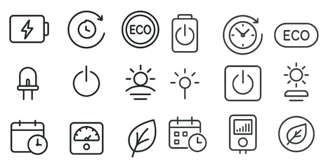 Fototapeta premium Collection of icons for various electronic devices and appliances, including a clock, a battery, and a light switch