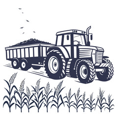 Tractor towing loaded trailer through cornfield farm agriculture