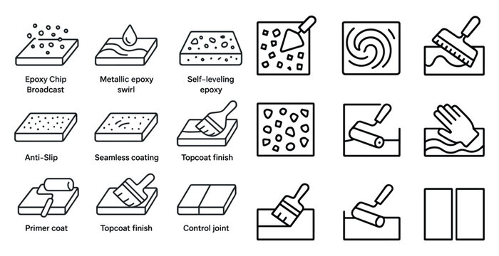 The image is a series of different tools and techniques used for painting and applying materials to surfaces. The tools include a brush, roller, and trowel, while the techniques include priming