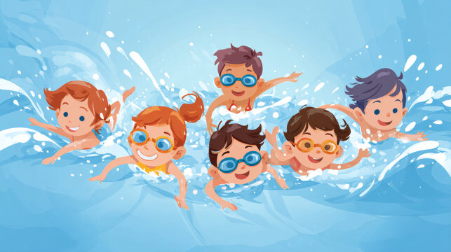 A themed vector image promoting childrenâ€™s swim instruction with visuals suited for posters and online materials