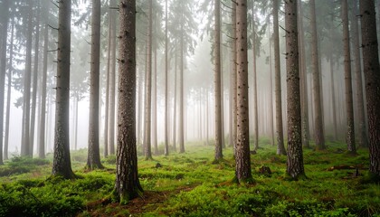 Misty pine forest scene
