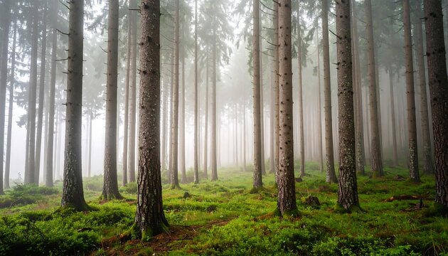 Misty pine forest scene