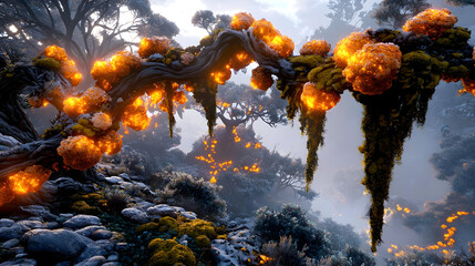Enchanted forest scene with glowing flora.  Twisted branches, luminous orange growths, moss-covered terrain, and misty atmosphere