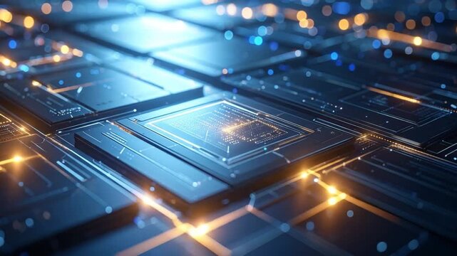 A futuristic close-up showcases integrated circuits with glowing pathways and bokeh effects, creating a sense of digital depth