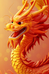 Vibrant orange dragon with intricate scales and fierce expression against a warm bokeh background