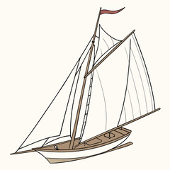 Traditional sailing vessel with white sails and red flag © rabbi