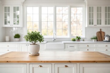 Fototapeta premium Bright Kitchen with Natural Light and Oak Counter Featuring a Potted Plant Centerpiece