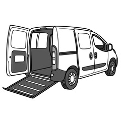 White cargo van with open doors and ramp delivery vehicle