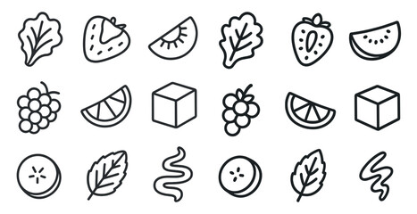 Collection of fruit and vegetable icons. The icons are drawn in black and white. The icons include a strawberry, a banana, a lime, a grape, a lime, a lime, a lime, a lime, a lime, a lime