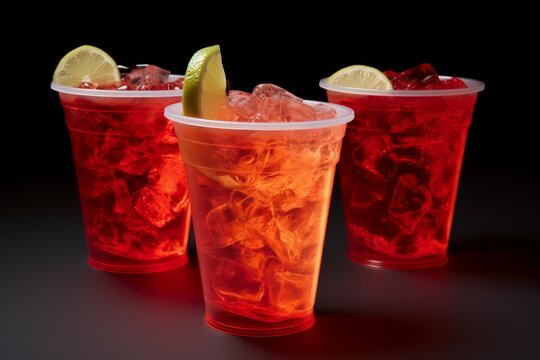Refreshing red party beverages served in plastic cups with ice and lime wedges, creating a vibrant and festive atmosphere