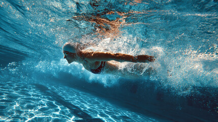 A young female swimmer moves fluidly in freestyle across a bright blue pool, showing off her form and fitness