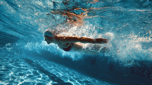 A young female swimmer moves fluidly in freestyle across a bright blue pool, showing off her form and fitness - Powered by Adobe
