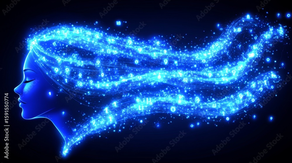 Aufkleber elegant azure female silhouette with computing data strings and digital circuit connection design