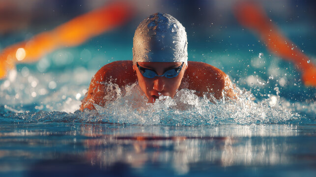 A young male swimmer with cap and goggles practices breaststroke technique