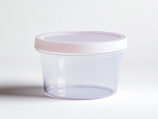 A simple close-up shot of a single round, plastic container with its lid on, set against a plain white background.