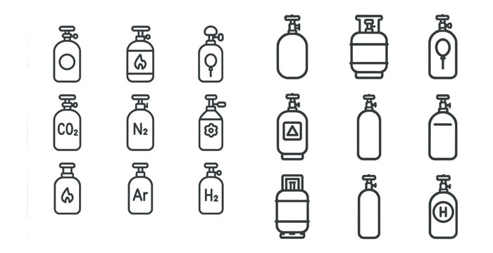 Collection of gas containers with various chemical symbols on them, including CO2, N2, H2, and H2O