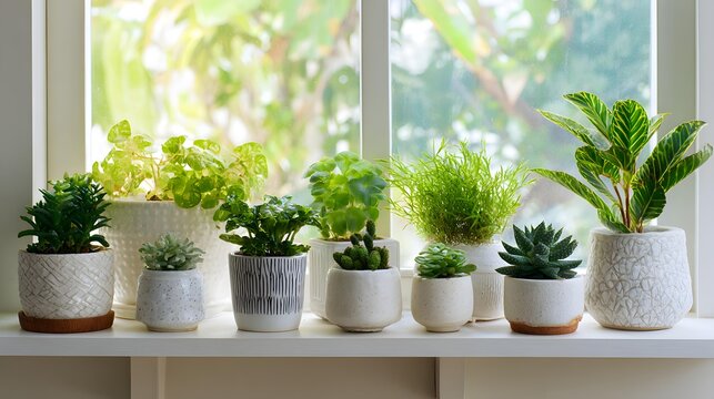 Indoor plant display on white shelf with natural sunlight from window