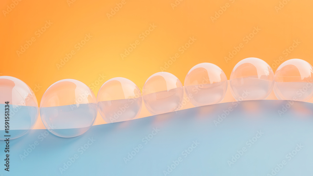 Poster unique transparent bubbles on a gradient background with soft warm colors and reflection