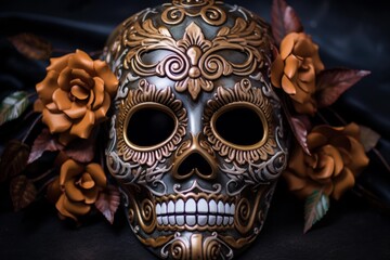 Traditional sugar skull mask decorated with orange roses, celebrating the day of the dead