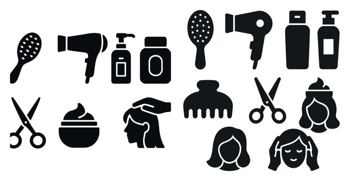 Collection of hair care products and tools. The image is black and white. Scene is professional and sophisticated