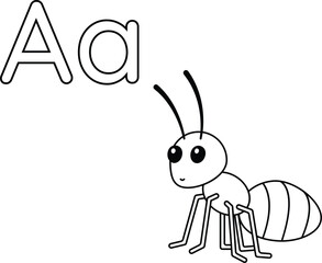 Alphabet coloring page letter A with ant