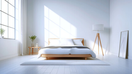 Fototapeta premium Serene bedroom interior, minimalist design with natural light, comfy bed, wooden accents, perfect for relaxation and comfort.