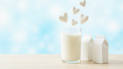 Milk in Glass with Floating Hearts and Milk Cartons on Soft Blue Background