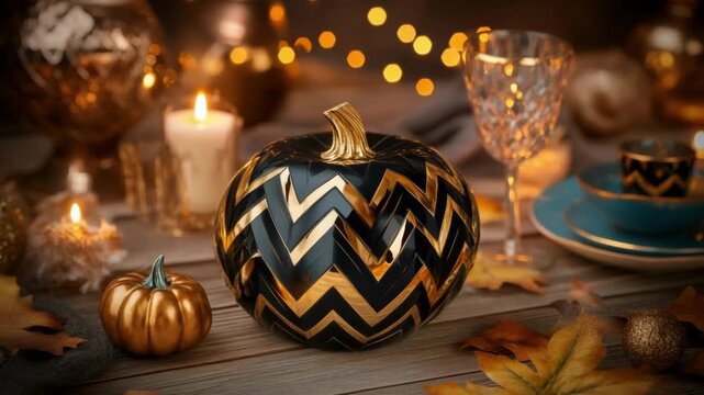 Black pumpkin with golden chevron stripes and small gold pumpkin on wooden table. Halloween celebration decor. Autumn harvest elements. All Hallows Eve, Samhain