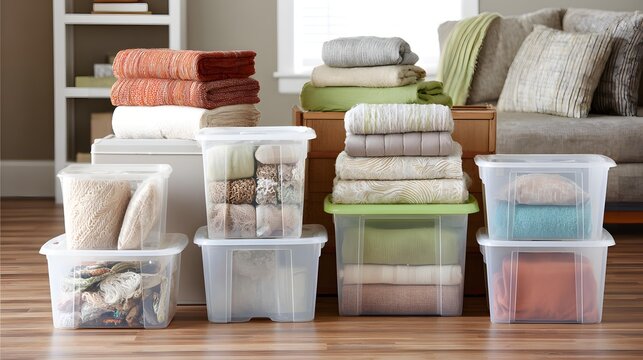 Family organizing items into labeled storage boxes in living space