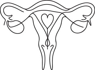 Minimalist uterus line art with heart symbol in center on white background
