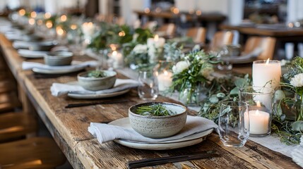 Fototapeta premium Dining area with linen napkins, ceramic bowls, and greenery