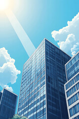 Fototapeta premium Modern skyscrapers under a bright blue sky with sunlight streaming through clouds