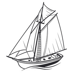 Black and white illustration of a sailing vessel with multiple sails sailing boat
