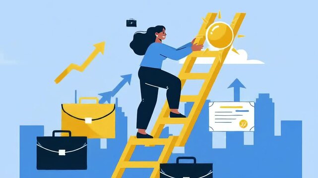 A woman climbs a ladder towards a bright sun symbolizing success and career growth with charts and briefcases representing business and finance