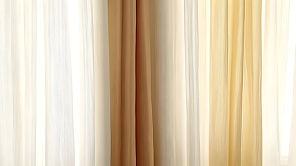 Obraz premium Sheer curtains in warm tones. Vertical panels of sheer, light beige, and off-white fabrics. Soft folds and light filtering through
