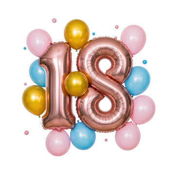 18th birthday celebration balloons in pink, blue, and gold