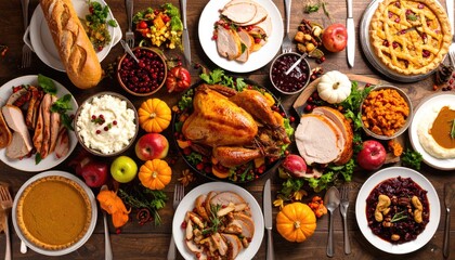 Thanksgiving feast spread on a wooden table