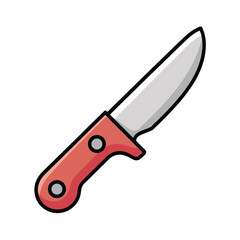 A simple illustration of a red handled kitchen knife with a silver blade