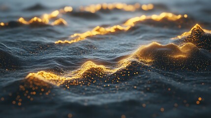 Abstract digital landscape, golden particles on dark surface