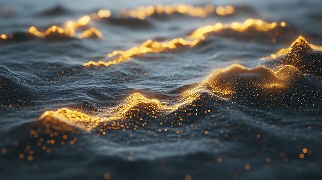 Abstract digital landscape, golden particles on dark surface
