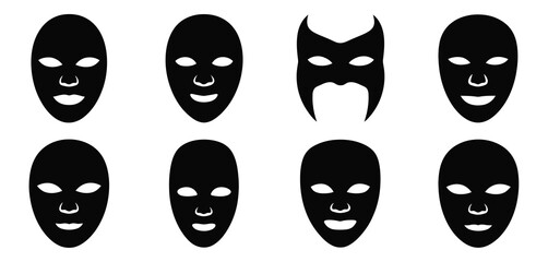 Collection of black silhouette masks with white cutouts for eyes and mouth