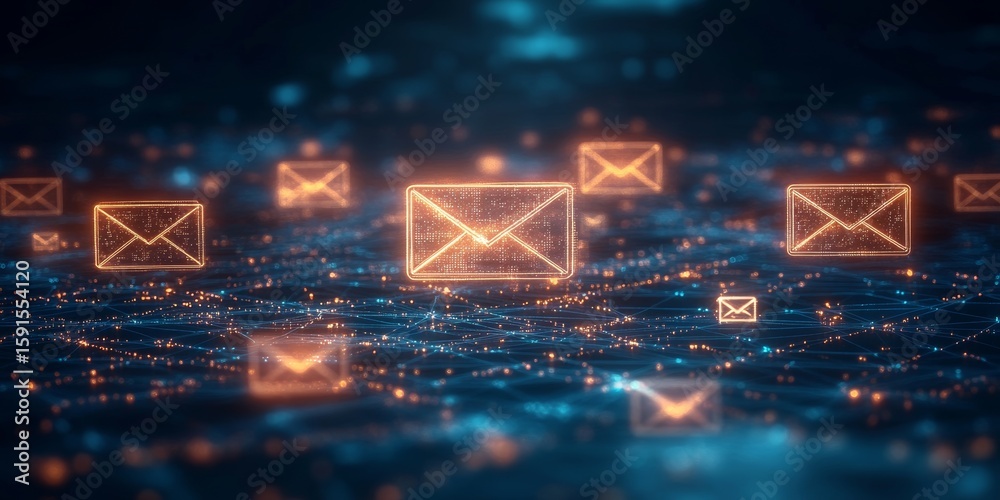 Poster network of emails in a virtual space with envelope icons and digital messages on circuit background